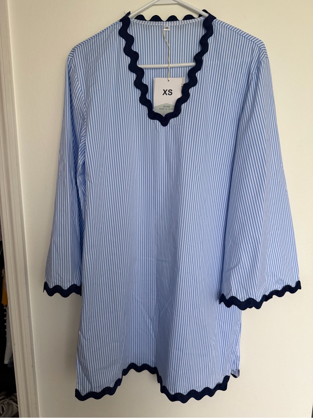 Striped Blue Tunic with Navy Scallop Trim - XS